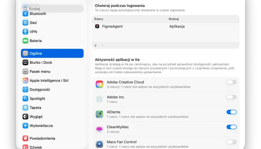 Ustawienia systemowe Maca: wyłącz niepotrzebne aplikacje w tle, by przyspieszyć MacBooka. Zobacz, co uruchamia się przy logowaniu.