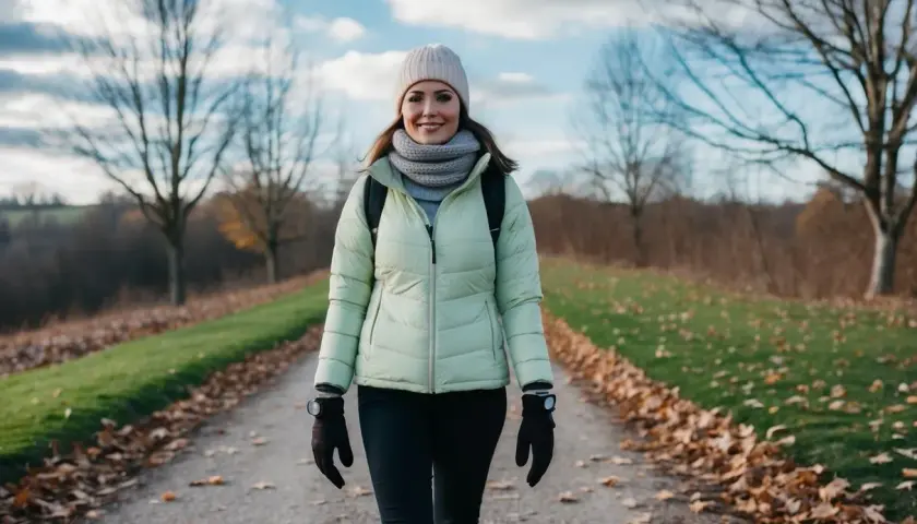 Une femme en doudoune légère, bonnet et écharpe, parfaite pour savoir comment s'habiller quand il fait 11 degrés. Elle marche sur un chemin bordé de feuilles d'automne.