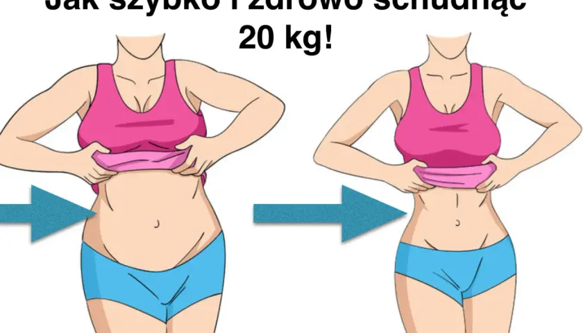 Ilustracja pokazuje metamorfozę sylwetki: od pełniejszej do szczuplejszej, sugerując jak szybko schudnąć 20 kg.
