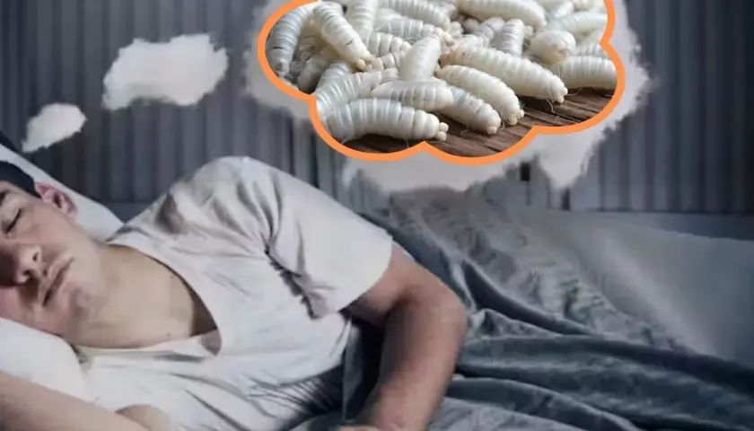 Un joven duerme plácidamente, pero su mente parece soñar con gusanos blancos, una imagen inquietante que flota sobre él.