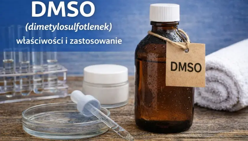 Butelka z DMSO, obok krem i probówki. Dowiedz się, dmso co to jest i jakie ma właściwości.