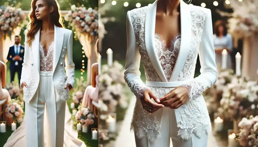 Elegancka panna młoda w białym garniturze na wesele w spodniach, z koronkowym topem i ozdobnymi detalami.