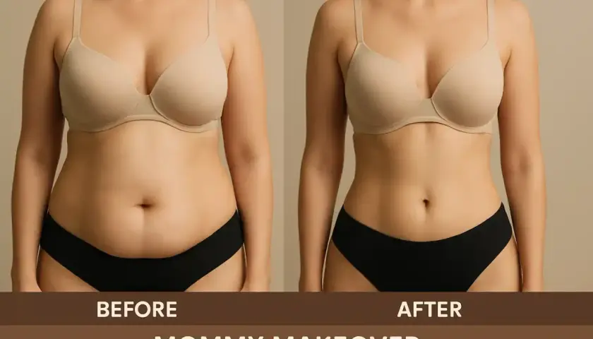 Före- och efterbilder av en mommy makeover. Bilden visar en kropp före och efter ingreppet, med texten "MOMMY MAKEOVER" och "RISKER" synlig.