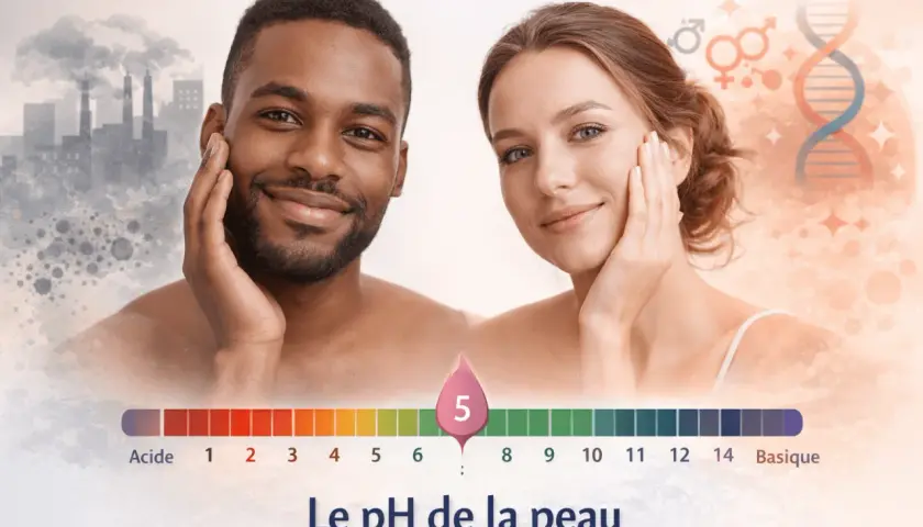 Pareja sonriente con escala de pH de la piel. El hombre tiene fábricas contaminantes detrás, la mujer tiene símbolos de ADN y género.