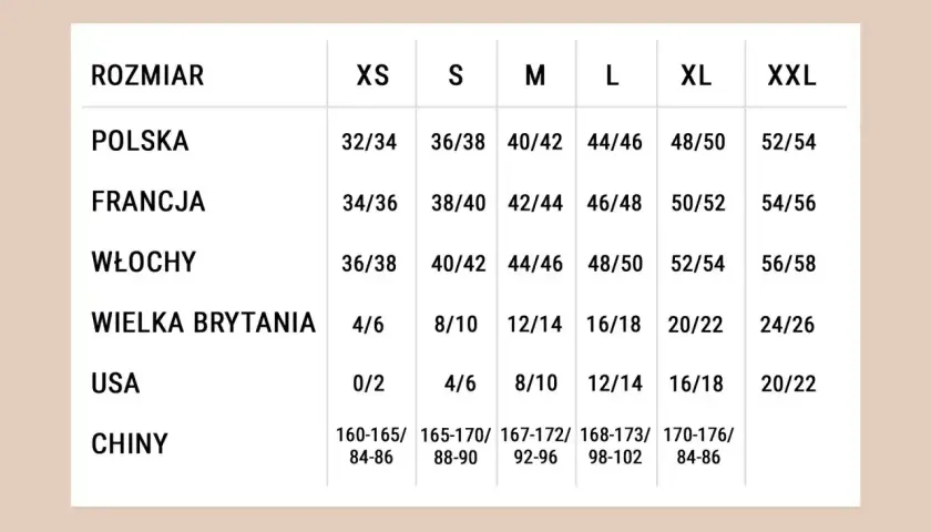 Tabela rozmiarów od XS do XXL. Rozmiar L odpowiada wymiarom 44/46 (Polska), 46/48 (Francja), 48/50 (Włochy), 16/18 (Wielka Brytania), 12/14 (USA), 168-173/98-102 (Chiny).