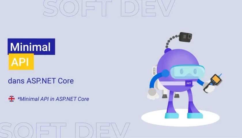 Un personnage violet avec un masque de plongée et un appareil .NET, explorant le monde de la Minimal API dans ASP.NET Core.