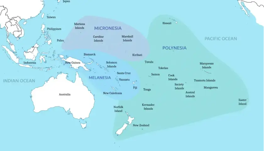 Mapa przedstawiająca podział na Mikronezję, Melanezję i Polinezję, kluczowe regiony **Oceania**.