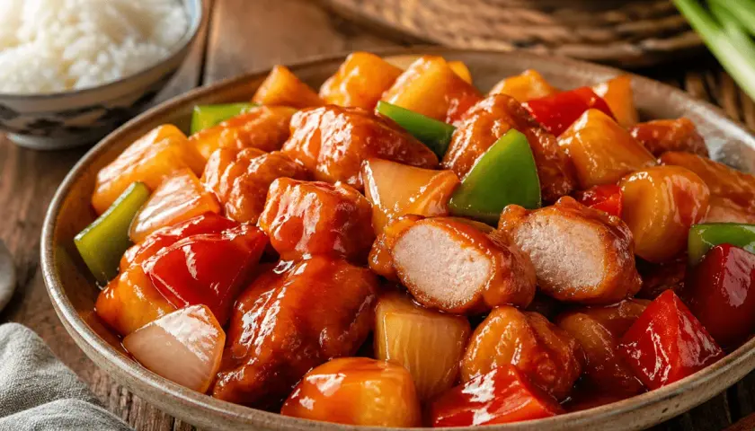 Sabroso cerdo agridulce con trozos de piña, pimientos y cebolla en una salsa brillante.