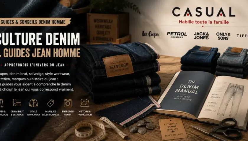 Guides sur la culture denim et le jean homme, avec des piles de jeans bleus foncés et un manuel sur le denim.