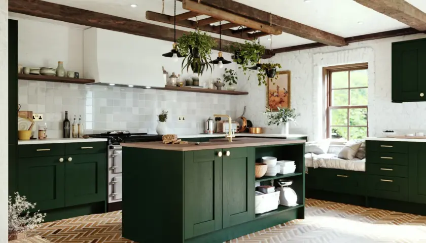 A rustic DIY kitchen remodel cost is managed with dark green cabinets, exposed beams, and a herringbone floor.