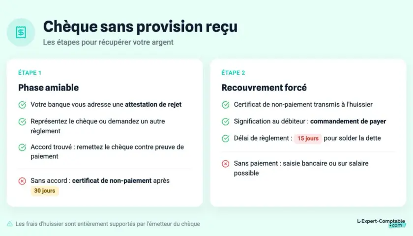 Les étapes pour récupérer votre argent suite à un chèque sans provision, incluant la phase amiable et le recouvrement forcé, conformément à la nouvelle loi sur les chèques impayés.