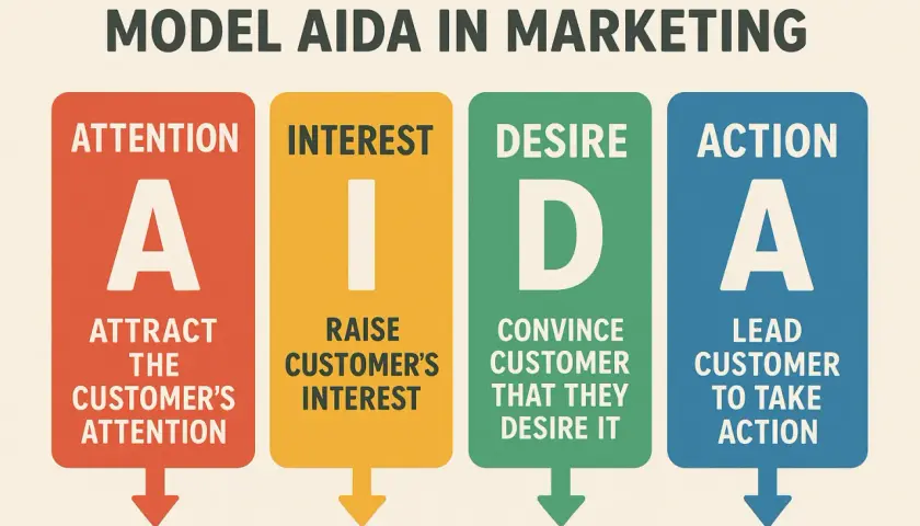 Model AIDA w marketingu: Uwaga, Zainteresowanie, Pożądanie, Działanie. Schemat procesu sprzedaży.