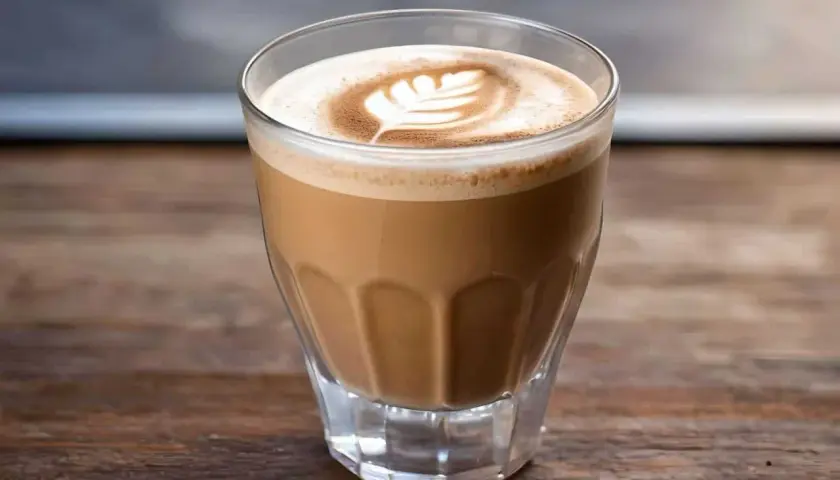 Ein Glas mit cremigem Espresso mit Milch, spanisch. Latte Art Blattmuster auf dem Milchschaum.