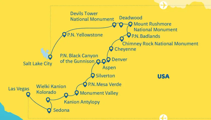 Mapa USA z zaznaczonymi trasami i atrakcjami, w tym parki narodowe USA, jak Yellowstone i Wielki Kanion Kolorado.