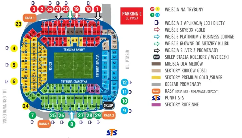 Schemat stadionu Lecha Poznań z podziałem na sektory, wejścia i kasy. Informacje o **lech poznań bilety cennik** znajdziesz na mapie.