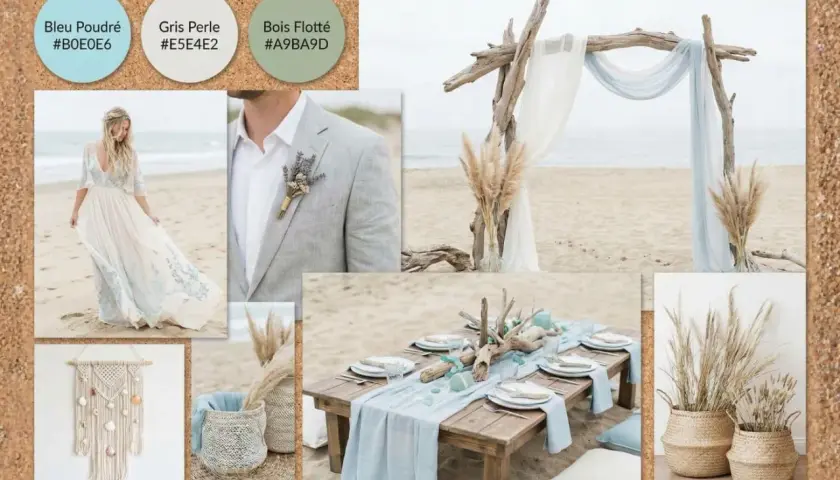 Inspiration mariage hippie sur la plage : robe bohème, costume gris, arche de bois flotté, table dressée, macramé et herbes de pampa.