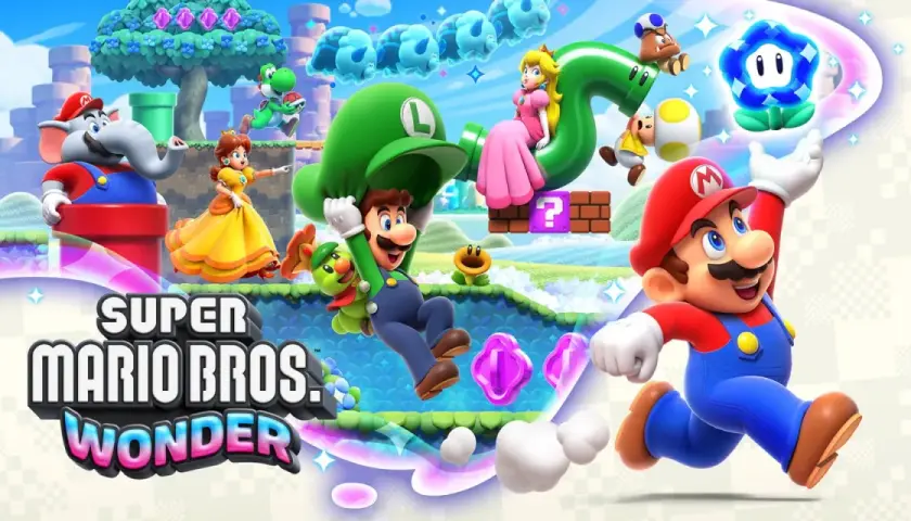 Mario, Luigi, Peach, Daisy, Yoshi, Goomba, Blooper i Słoń w kolorowym świecie Super Mario Bros. Wonder.
