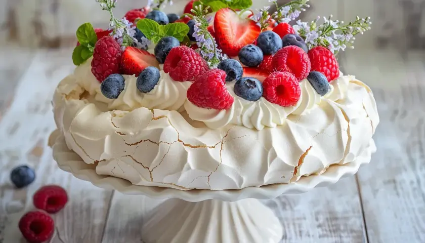 En vacker pavlova tårta med vispgrädde och färska bär som jordgubbar, hallon och blåbär. Dekorerad med mynta och små blommor.