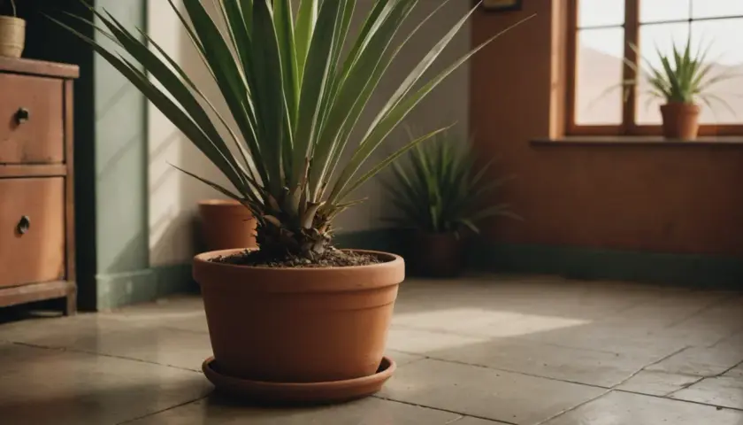 Gros plan sur un yucca en pot, ses longues feuilles tombantes créant une ombre douce sur le sol. D'autres plantes similaires sont visibles en arrière-plan.