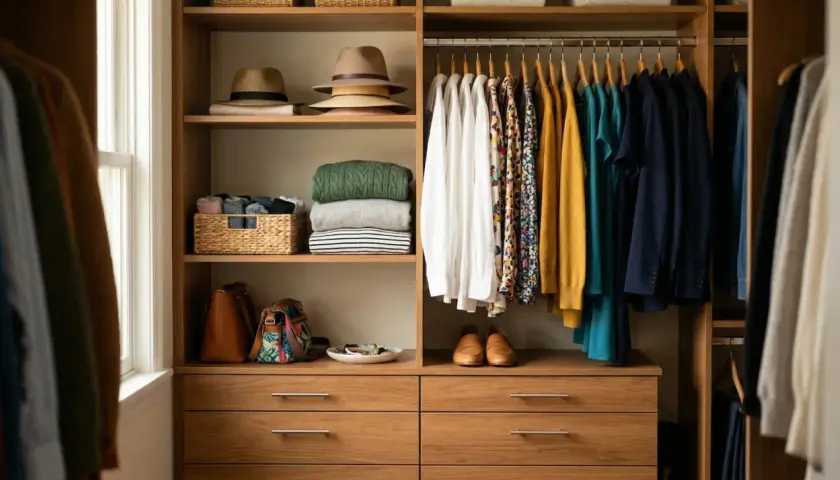 Un dressing organisé pour savoir comment trier ses vêtements : chapeaux, pulls pliés, paniers de chaussettes, sacs, et vêtements suspendus par couleur.