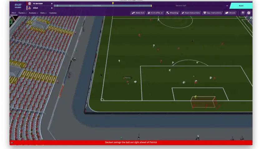 Mecz Football Manager 2020, FC Bayern vs Köln. Patrick jest blisko piłki, gdy Deckert ją wykopuje. Formacja 4-2-4.