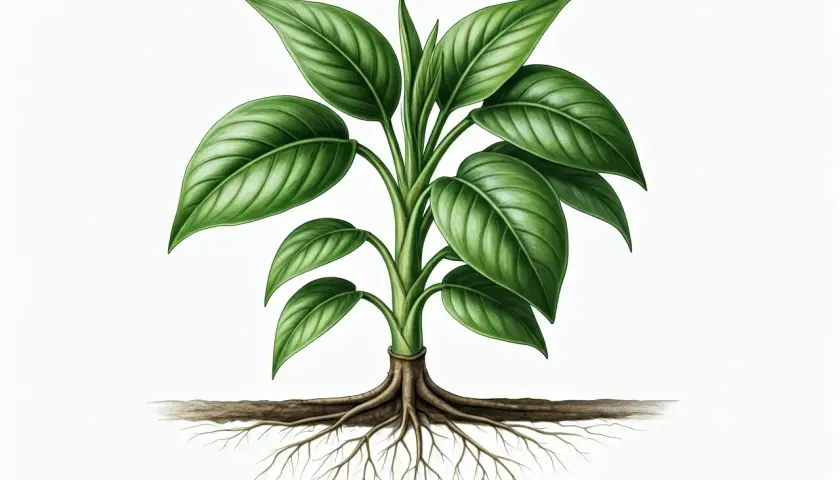 Zielona roślina z rozbudowanym systemem korzeni, ukazująca piękno i siłę natury. Plants co to znaczy? To życie!