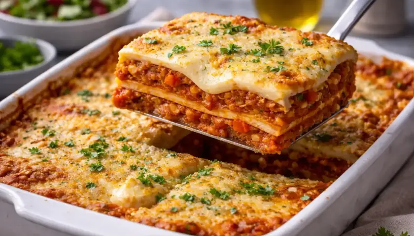Eine Portion köstliche vegane Lasagne mit Gemüse wird aus einer Auflaufform gehoben. Sie ist mit geschmolzenem Käse und Petersilie bestreut.