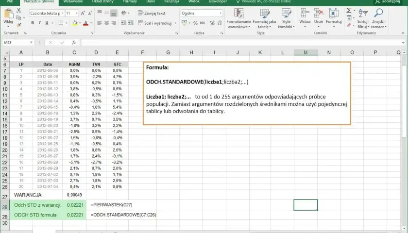 Arkusz kalkulacyjny Excel z danymi i opisem funkcji ODCH.STANDARDOWE.
