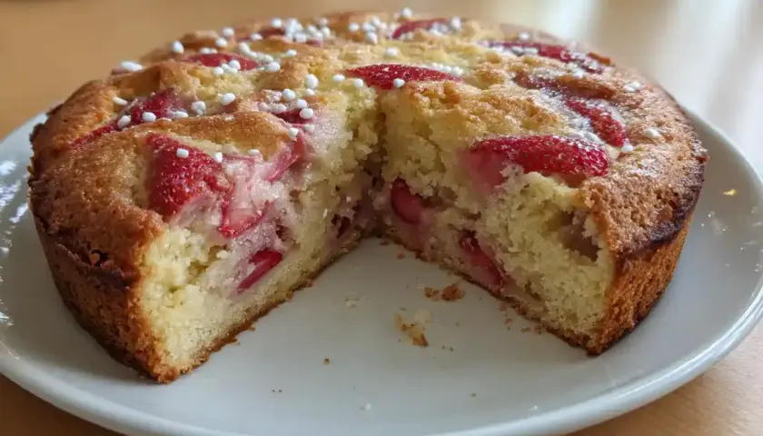 En saftig sockerkaka med jordgubbar, toppad med pärlsocker. Perfekt till fikat!
