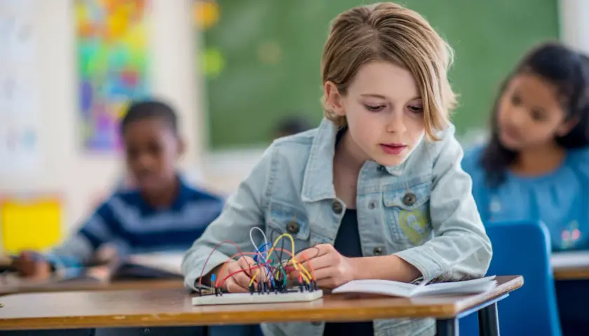 Ein Mädchen baut in einem Klassenzimmer an einem Stromkreis. Dies ist ein Beispiel für kompetenzorientierten Unterricht, bei dem Schüler praktische Fähigkeiten erlernen.