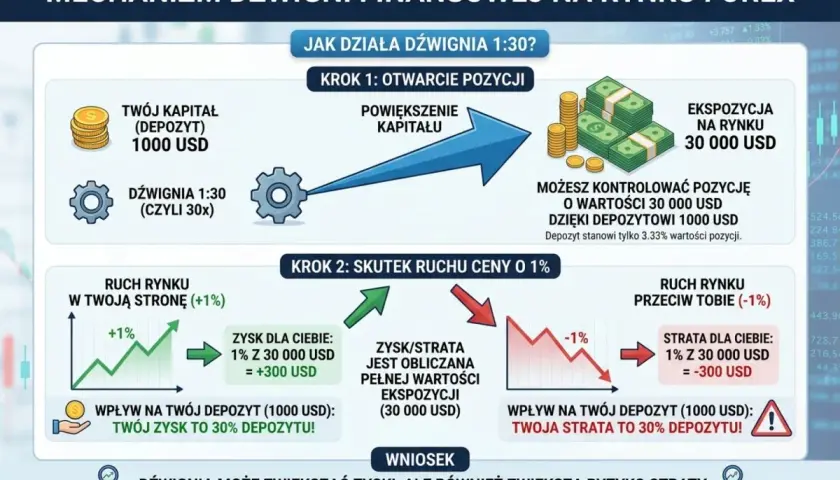 Lewar giełda: 1000 USD depozytu z dźwignią 1:30 daje ekspozycję 30 000 USD. Ruch o 1% to 300 USD zysku lub straty, czyli 30% depozytu.