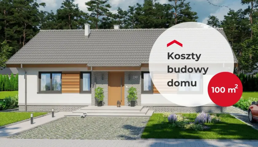 Nowoczesne technologie budowy domu: biały parterowy dom z szarym dachem, otoczony zielenią. W tle las.