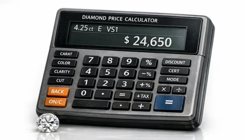 Ein Diamant liegt neben einem Taschenrechner, der den Diamant preis berechnen kann. Der Rechner zeigt 4,25 ct, E, VS1 und $24.650 an.