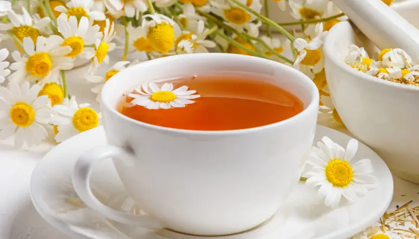 Aromatyczne picie rumianku w filiżance, obok świeżych kwiatów i moździerza z suszem.