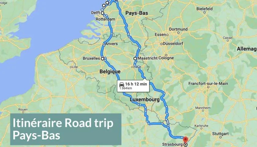 Carte d'un road trip en camping-car aux Pays-Bas, traversant la Belgique et le Luxembourg. L'itinéraire de 1364 km dure 16h12.