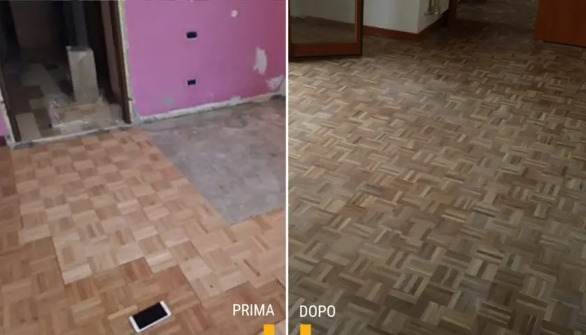 Parquet prima e dopo la levigatura: un confronto che mostra la trasformazione di un pavimento in legno, da opaco e usurato a lucido e rinnovato.