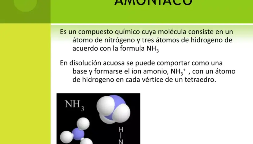 Molécula de amonio (NH₃) con un átomo de nitrógeno y tres de hidrógeno. En disolución, forma el ion amonio.