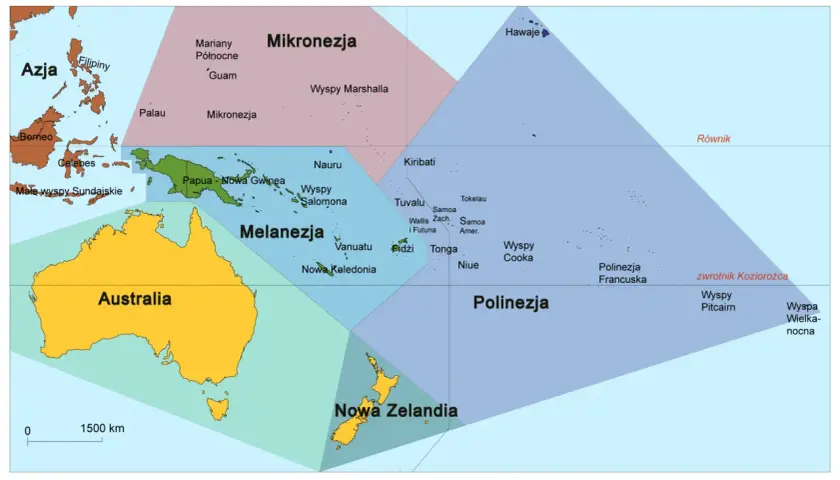 Mapa przedstawia podział państw Oceanii na regiony: Mikronezję, Melanezję i Polinezję, z zaznaczoną Australią i Nową Zelandią.