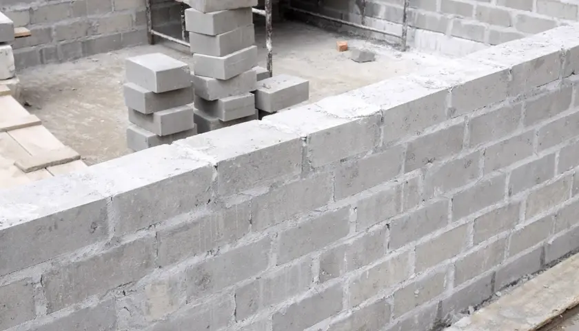 Ściana z bloczków fundamentowych w trakcie budowy. Widać stosy bloczków, gotowe mury i materiały budowlane.