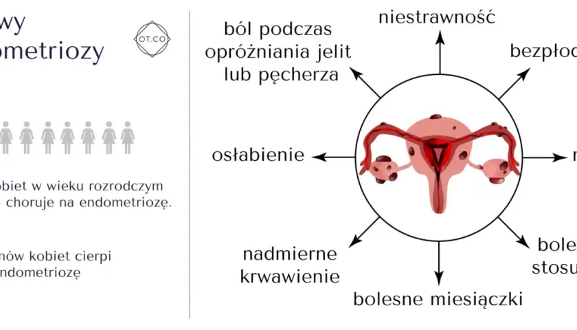 Ilustracja przedstawia objawy endometriozy: ból, niestrawność, bezpłodność, mdłości, bolesny stosunek, bolesne miesiączki, nadmierne krwawienie i osłabienie.