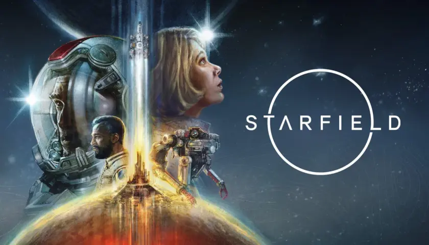 Visuel de Starfield : un astronaute, une femme regardant vers le ciel, un robot et un vaisseau spatial s'élèvent d'une planète.