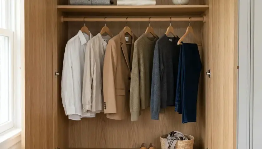 Garde-robe en bois clair, organisée avec des vêtements de couleur sobre : chemises, veste, pulls et jean. Chaussures et panier en osier au sol.