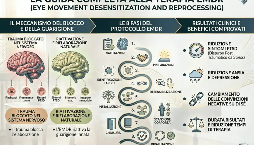 La terapia EMDR: cos'è? Illustra il meccanismo del blocco e della guarigione, le 8 fasi del protocollo e i benefici clinici.
