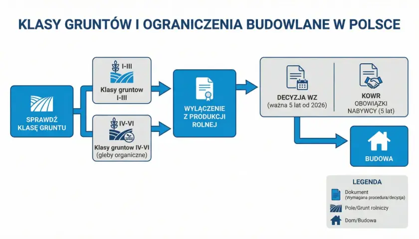 Schemat blokowy procesu budowy domu na działce rolnej: sprawdź klasę gruntu, wyłączenie z produkcji rolnej, decyzja WZ, KOWR, budowa.