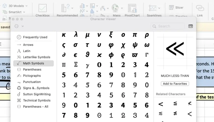 Finestra "Visualizzatore caratteri" in Excel, con la sezione "Simboli matematici" attiva, utile per come vedere la versione di Excel.