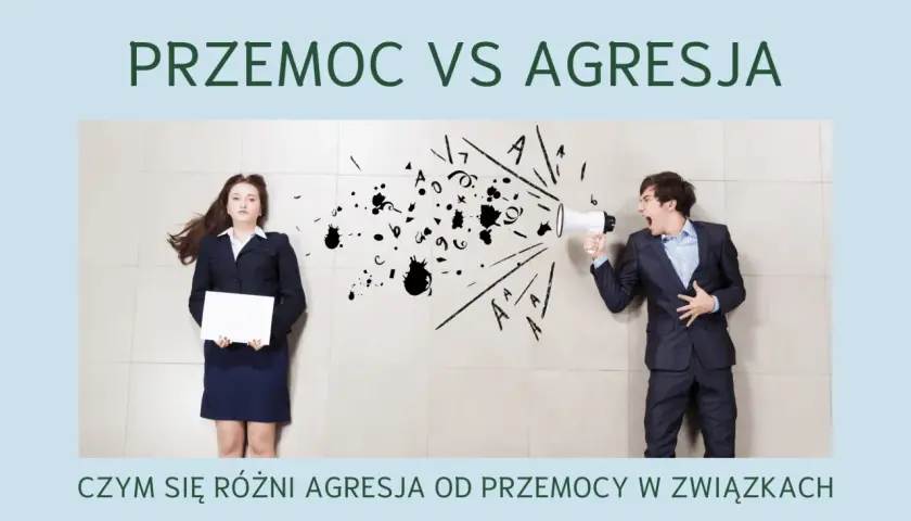 Mężczyzna krzyczy do megafonu, a kobieta leży na ziemi, symbolizując przemoc niewerbalną.
