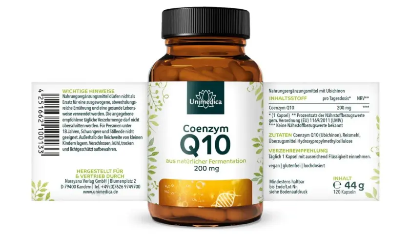Flasche mit Unimedica Coenzym Q10 Kapseln, 200 mg, aus natürlicher Fermentation. Ein wichtiges Lebensmittel für die Energieproduktion.