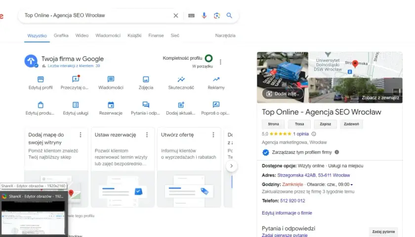 Wyniki wyszukiwania Google dla "Top Online - Agencja SEO Wrocław". Widoczny panel zarządzania firmą, opcje edycji profilu, dodawania ofert i zarządzania rezerwacjami.