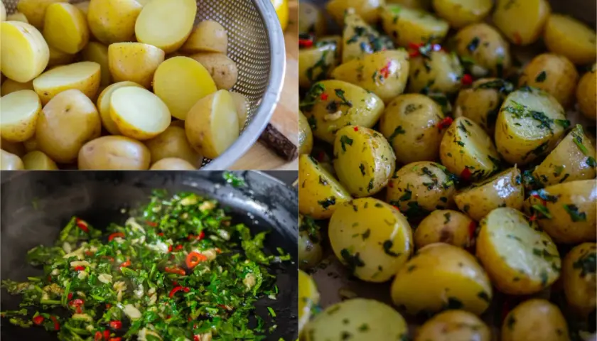 Små, delade potatisar blandas med en kryddig örtblandning. En härlig batata harra som väntar på att serveras.