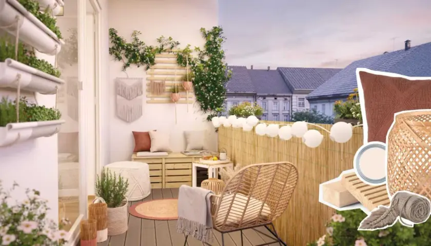 Gemütliche boho balkon ideen mit Pflanzen, Makramee und Rattanmöbeln. Ein entspannter Rückzugsort im Freien.